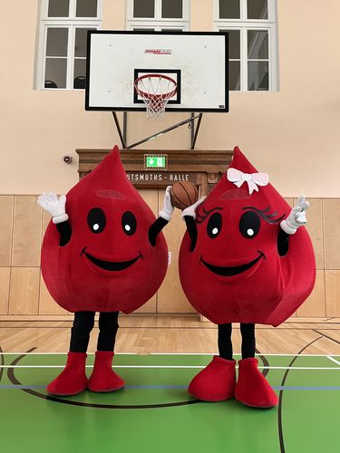 Zwei Maskottchen halten einen Basketball vor einem Basketballkorb.